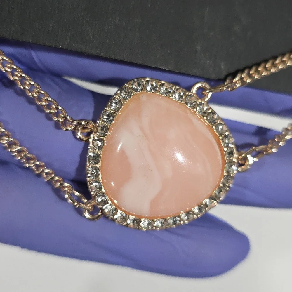Rose Gold tone & Peach Stone Pendant Necklace & Matching Earrings Jewelry Set